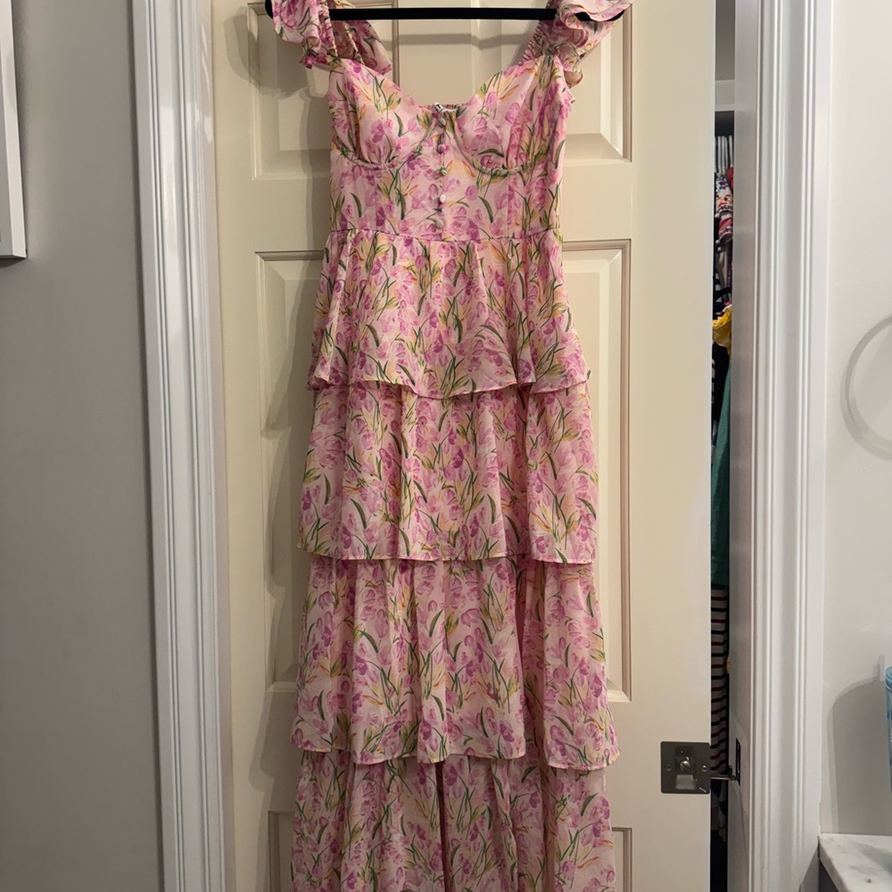 Astr Pink and White Off-the-Shoulder Maxi Dress
